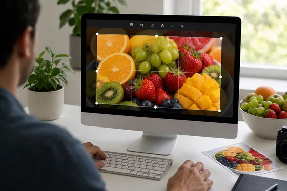 AVIF cropper artwork with real fruit image being edited on a desktop screen