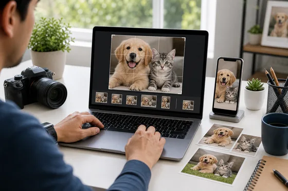 JPG cropper artwork with pet photo crop grid and custom crop area controls